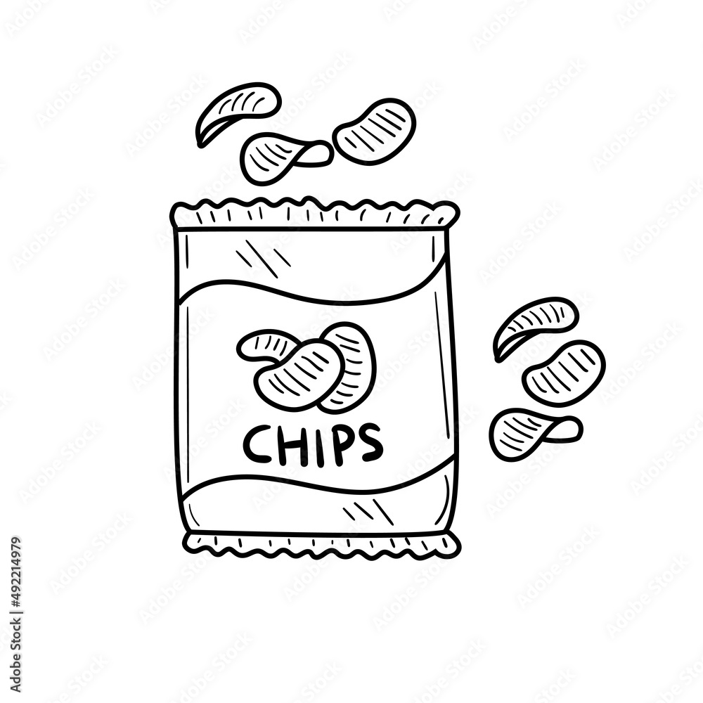 Hand Drawn Potato Chips Vector Illustration Isolated On White Background Potato Chips Doodle