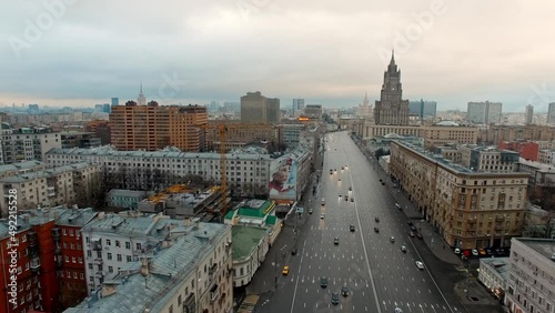 Central Highway of Moscow. Garden ring, Sadovoye Koltso in Moscow in cloudy weather. Empty Moscow. Aerial view photo