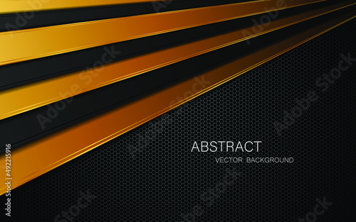 Abstract multi layer overlapping black and gold lines on dark steel mesh background with space for design. modern technology innovation concept background
