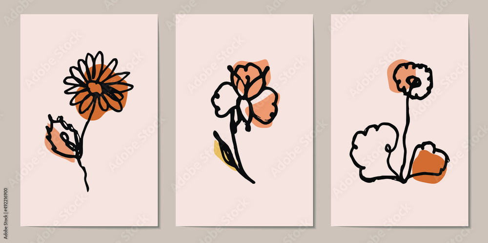 A set of minimalistic flowers from one line. With abstract background