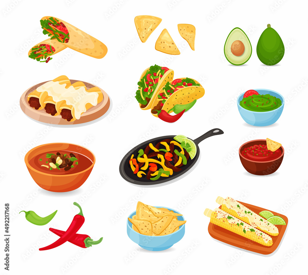 Mexican traditional food set with guacamole, quesadilla, enchilada, burrito, tacos, nachos, chili, salsa, fajitos. Mexican, street, home food icons for menu. Vector illustration on white background.
