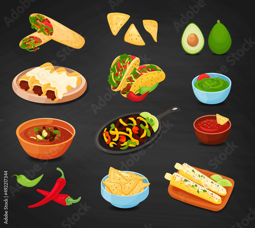 Mexican traditional food set with guacamole, quesadilla, enchilada, burrito, tacos, nachos, chili, salsa, fajitos. Mexican, street, home food icons for menu. Vector illustration on black chalk board.