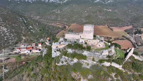 Aerial image of the Castillo de Lanos or Ocio in the Inglares River Valley. Leisure Village, Zambrana Municipality, Alava, Basque Country, Spain, Europe photo