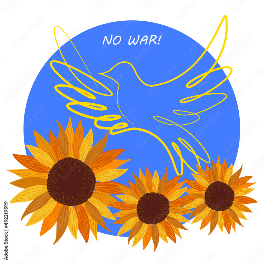 Sunflowers and a bird against the blue sky. Symbol of peace in Ukraine. No war! 