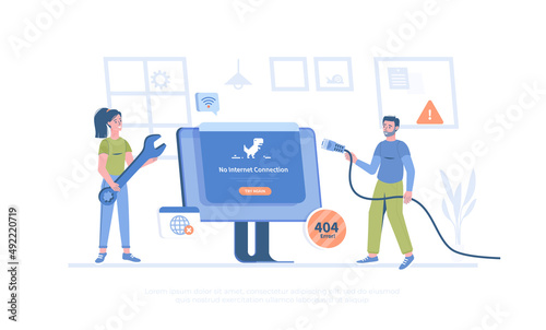 No Internet Connection. Web page not loading. Offline error, No Wi-Fi signal. The network cable is disconnected. Cartoon modern flat vector illustration for banner, website design, landing page.