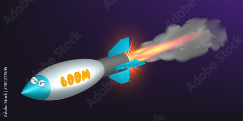 3D volumetric cartoon evil flying military rocket with eyes and a jet of fire on a dark background