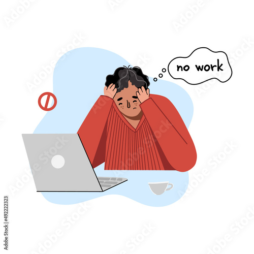 Freelancer. Programmer. Unemployed person. Sad freelancer with a laptop. Unemployment. Difficulties at work. Sad freelancer