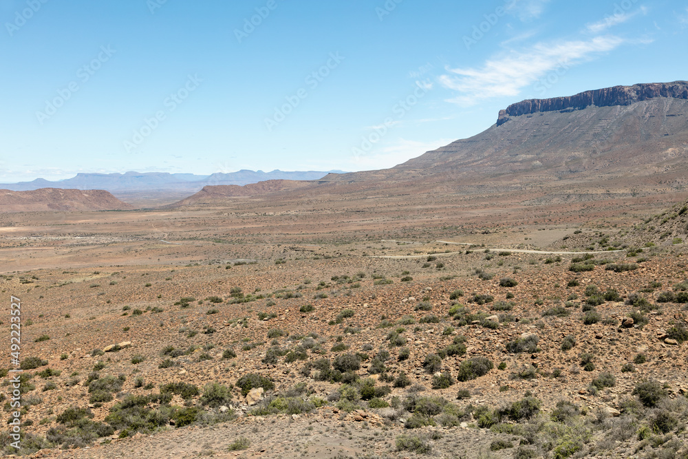 Scene of a valley and mountains in the arid Karoo National Park, Soth Africa
