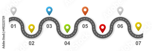 Road infographic timeline template with steps. Horizontal asphalt winding road vector illustration. Seamless highway marking Isolated on white background.	
