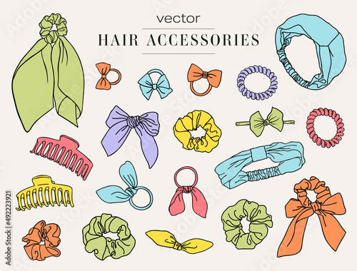 Hair accessoires collection. Bundle of vector scrunchies, hair ties, bows, clips, headbands, hairgrip graphics.