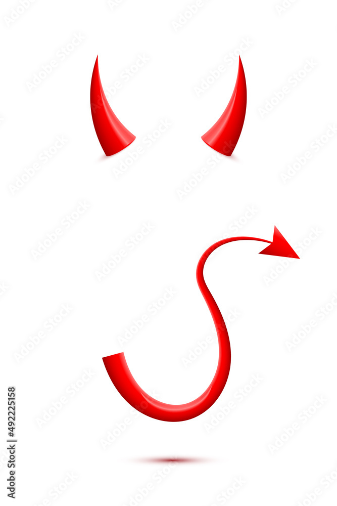 Red devil horn and tail, 3d realistic cute elements for face mask and head or costume Red devil horn and tail, 3d realistic cute elements for face mask and head or costume