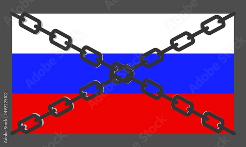 Russian flag in chains. Country isolation, conceptual banner. Sanctions against Russian aggression. Trade embargo. Flat vector illustration