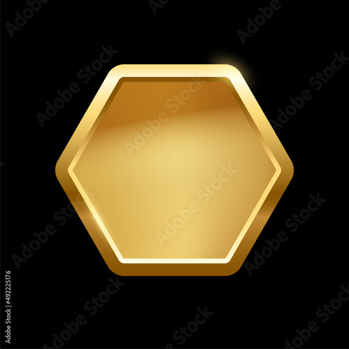 Gold hexagon button with frame, 3d golden glossy elegant design for empty emblem