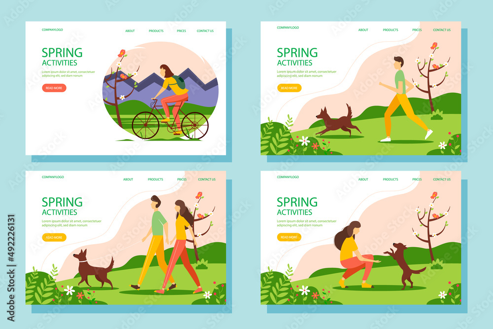 Spring activity web banner set. The concept of an active and healthy lifestyle. Vector illustration in flat style.	
