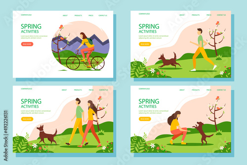 Spring activity web banner set. The concept of an active and healthy lifestyle. Vector illustration in flat style. 