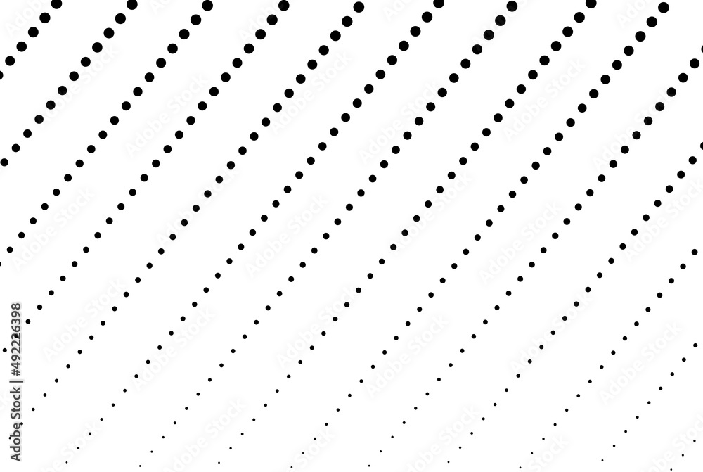 The halftone texture is black and white. Monochrome abstract, chaotic texture. Waves of dots on a white background, abstract halftone