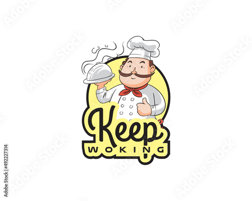 Restaurant logo template vector. waiter icon with a tray of food in hand