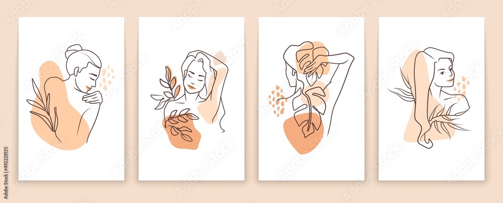 Skincare and beauty posters. Cartoon girl characters making routine cosmetic procedures. Woman's naked body and palm leaves. Abstract spots and line art female figures. Vector posters set