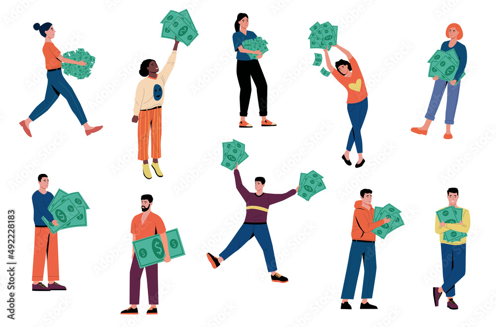 People with money. Cartoon characters holding cash and coins. Men and women standing in various poses. Business investment. Financial profit. Lottery winner. Vector rich persons set