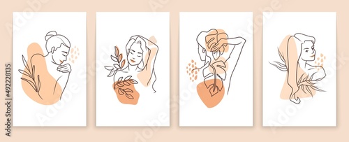 Skincare and beauty posters. Cartoon girl characters making routine cosmetic procedures. Woman's naked body and palm leaves. Abstract spots and line art female figures. Vector posters set