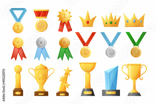 Cartoon trophies. Golden silver and bronze medals. First place cups and awards for competitions or challenges. Gold goblets and crowns. Winning badges and tiaras. Vector rewards set