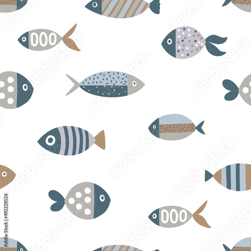 Cute fish. Vector seamless pattern with white fish on blue background and red hearts. Can be used for fabrics, textiles, scrapbooking and backgrounds.