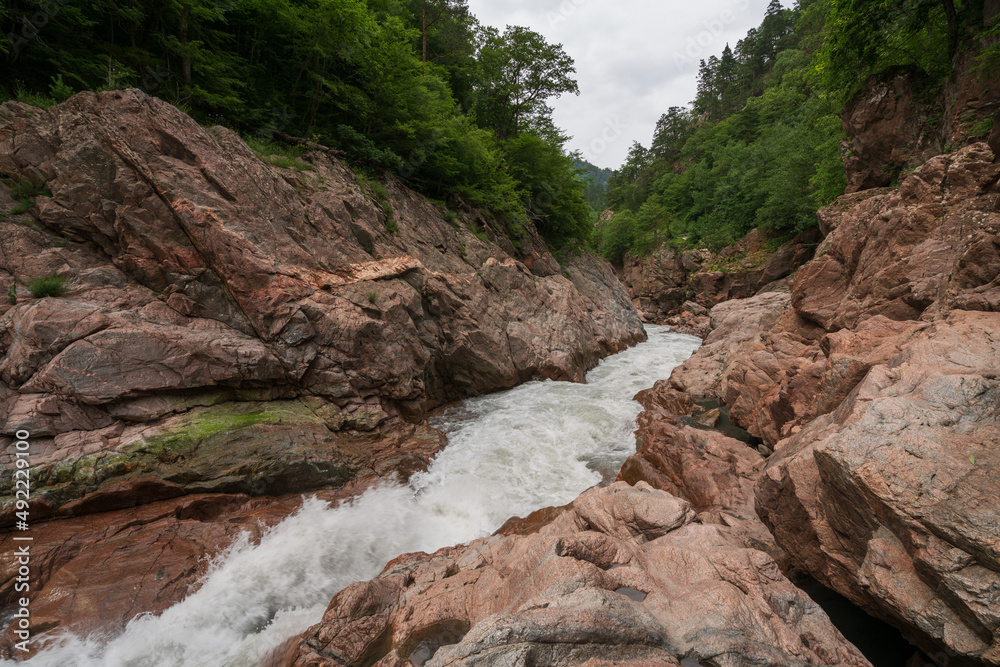Granite Canyon of the Belaya River is a picturesque natural monument of the Western Caucasus, Maikop district, between Dakhovskaya and Khamyshki, Republic of Adygea, Russia Granite Canyon of the Belaya River is a picturesque natural monument of the Western Caucasus, Maikop district, between Dakhovskaya and Khamyshki, Republic of Adygea, Russia
