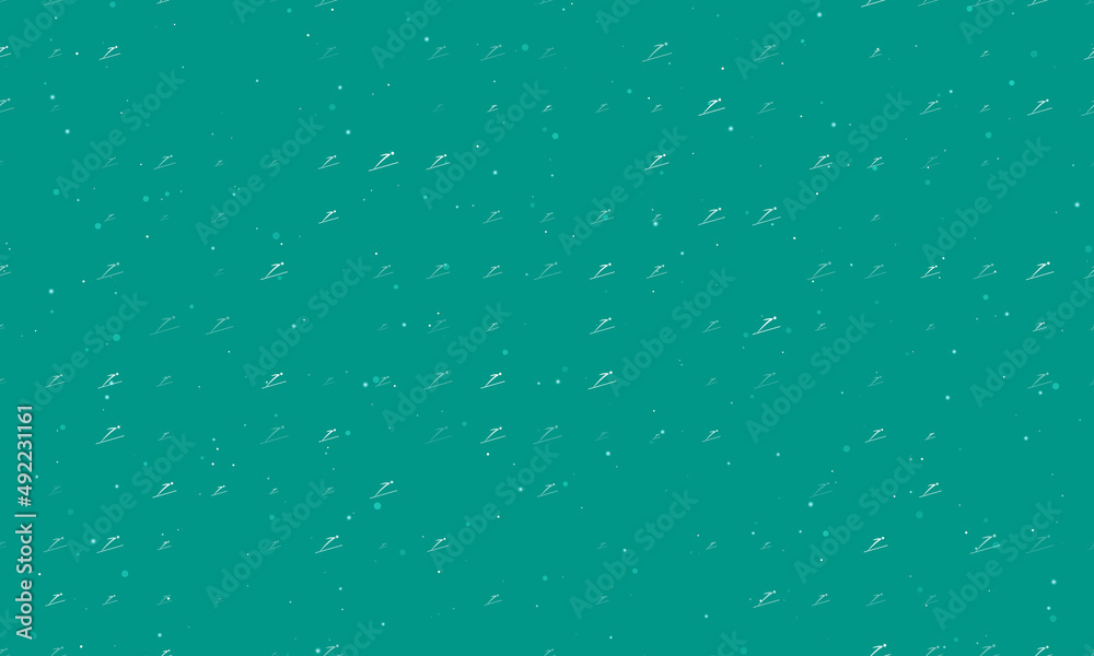 Seamless background pattern of evenly spaced white Ski jumping symbols of different sizes and opacity. Vector illustration on teal background with stars Seamless background pattern of evenly spaced white Ski jumping symbols of different sizes and opacity. Vector illustration on teal background with stars