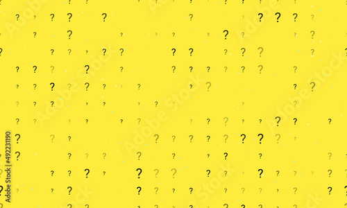 Seamless background pattern of evenly spaced black question symbols of different sizes and opacity. Vector illustration on yellow background with stars
