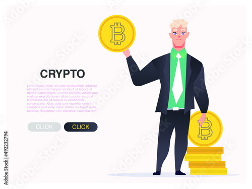 Buy Bitcoin online. People business character hold cryptocurrency in hands.  Web banner of blockchain technology, bitcoin, altcoins mining, digital money vector cartoon illustration