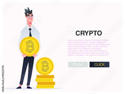 Buy Bitcoin online. People business character hold cryptocurrency in hands.  Web banner of blockchain technology, bitcoin, altcoins mining, digital money vector cartoon illustration