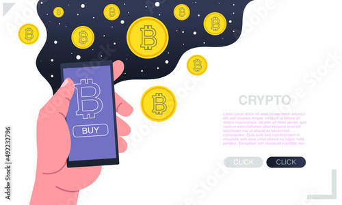 Hands hold smartphone and purchase cryptocurrency in mobile application. Buy Bitcoin online. Web banner of blockchain technology, bitcoin, altcoins mining, digital money vector cartoon illustration