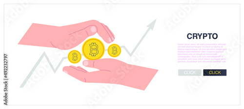 Buy Bitcoin online web banner. Cartoon hands purchase cryptocurrency. Web banner of blockchain technology, bitcoin, altcoins mining vector. Digital money market analysis, graph data statistics.