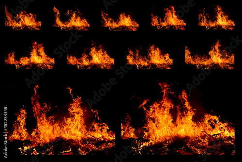 A large fuel-powered fire that burns fuel at night (forest fires). Close-up of fuel energy. Pictures for fire design and natural light teaching materials