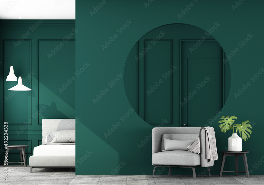 Stylish living green tone room interior of modern apartment and trendy  furniture, gray sofa on concrete tile floor and void circle wall and  elegant accessories. Home decor, 3D render, 3D illustration Stock