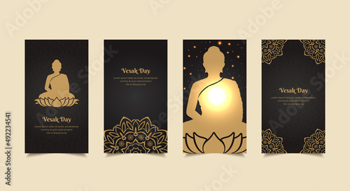Elegant Vesak day design Stories Collection. Celebration Vesak day template stories suitable for promotion, marketing etc. Silhouette of Lord Buddha design with ornament vintage. © Doharma