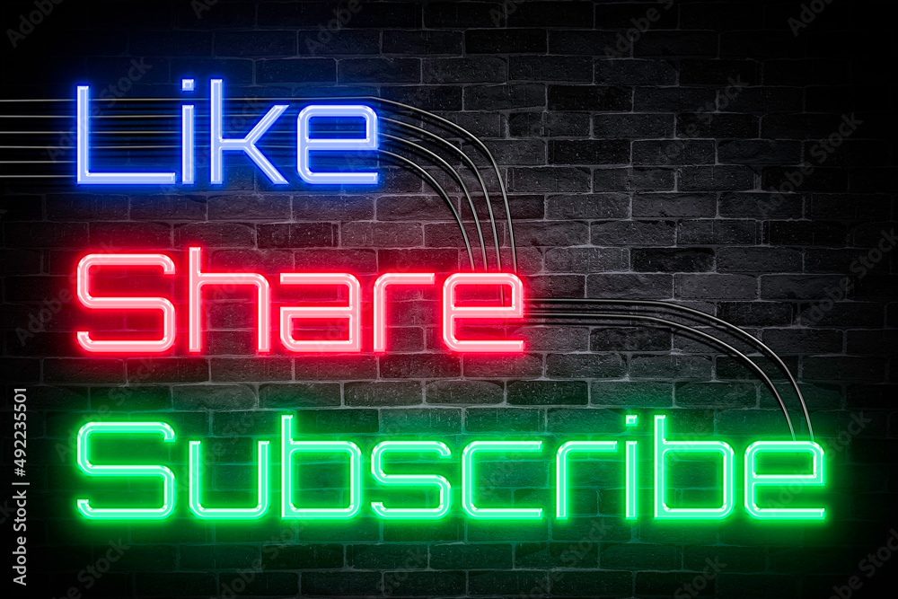 Like Share subscribe neon banner, light signboard. Like Share subscribe neon banner, light signboard.