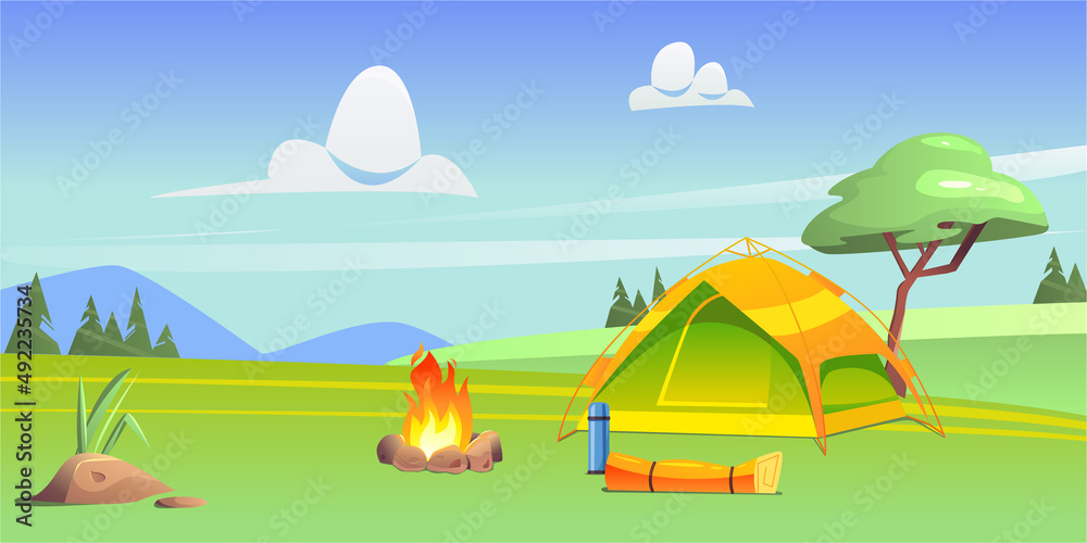 Summer camp with tent, bonfire, carimat, thermos.Tourist travel. Vector illustration in сartoon style. Camping.