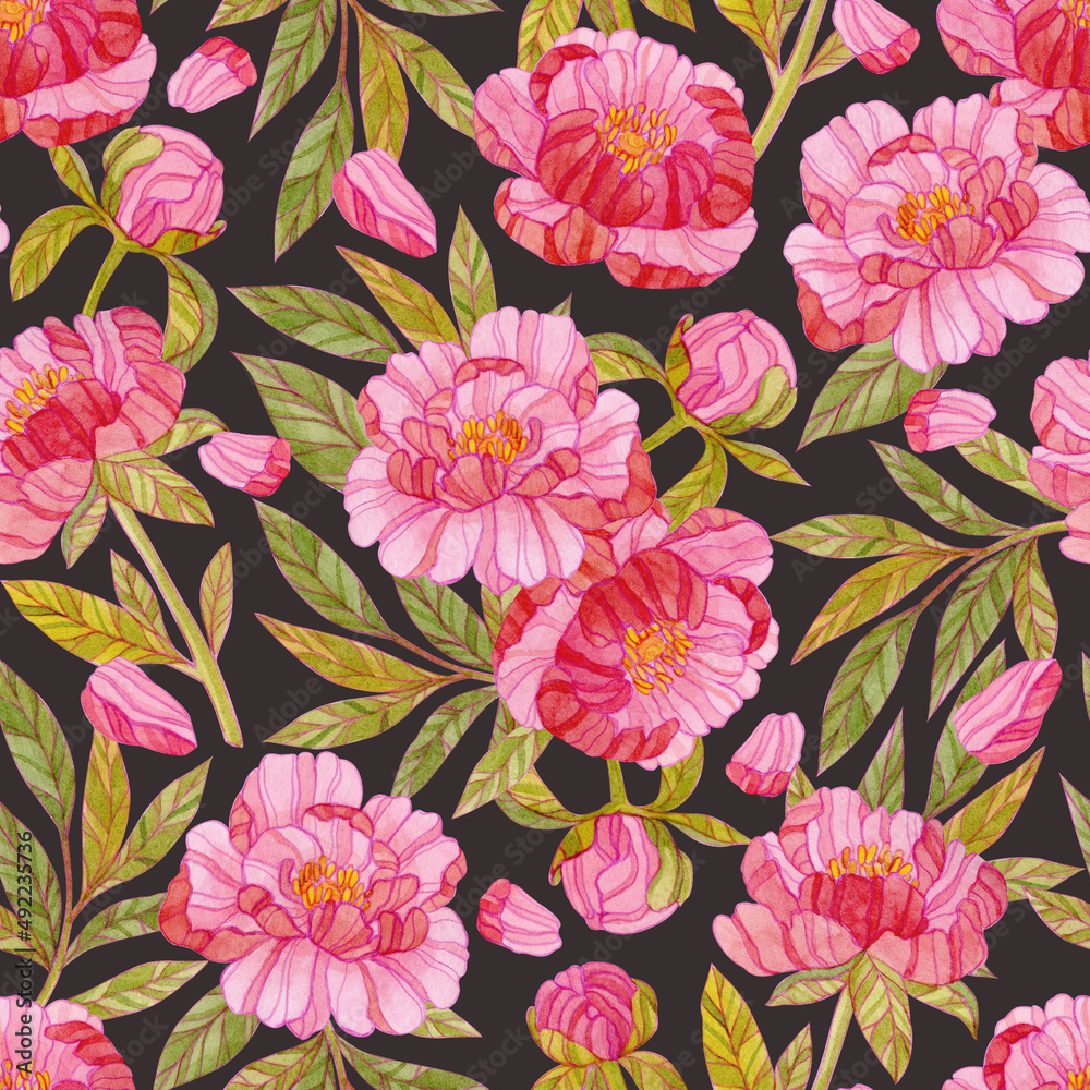 Seamless watercolor floral pattern. Print with pink peony flowers, petals and green leaves on a black background.