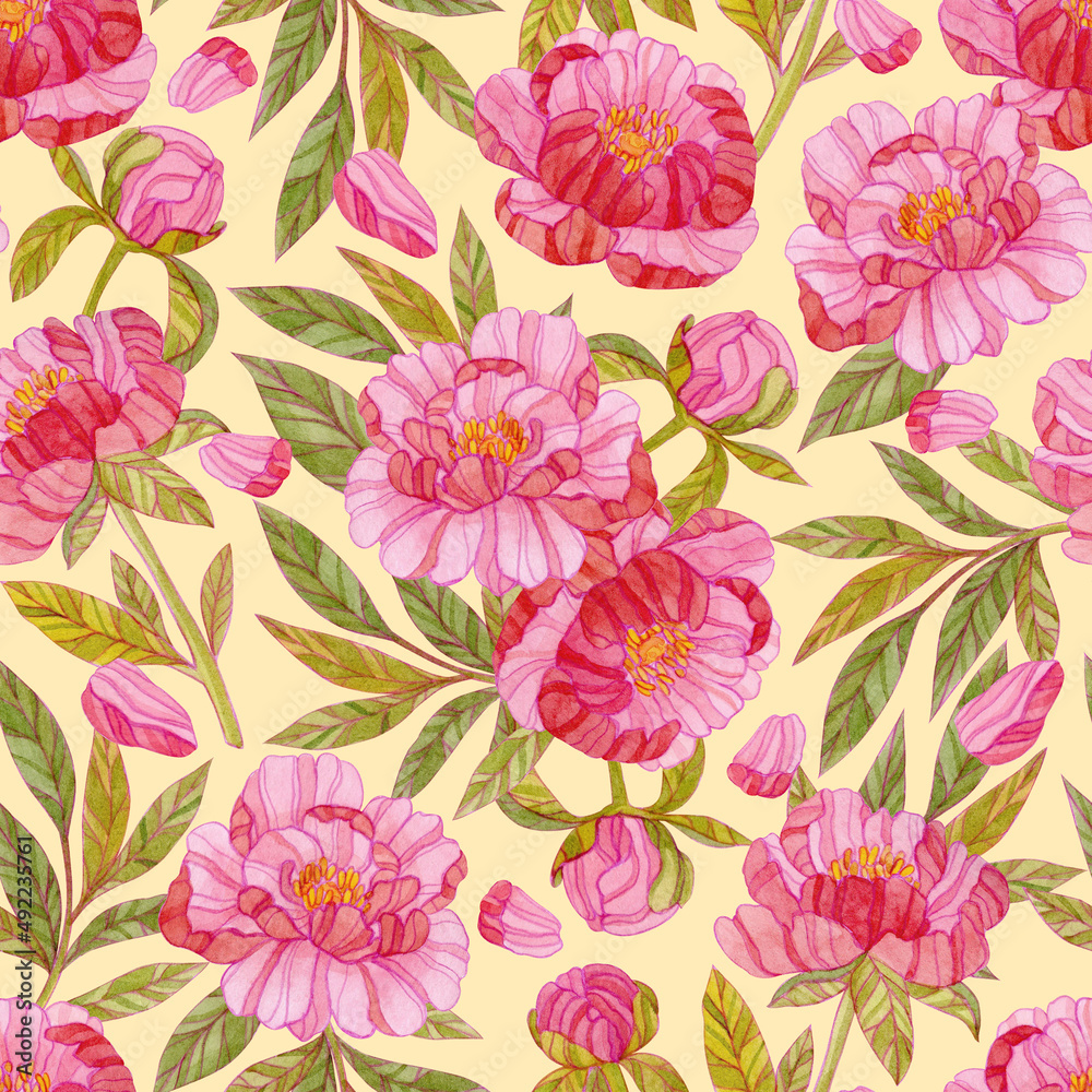 Seamless watercolor floral pattern. Print with pink peony flowers, petals and green leaves on a yellow background.