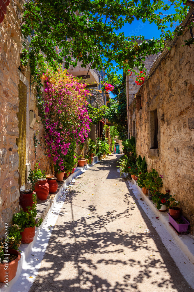 Medieval village of Mesta is one of the main mastihochoria villages, Chios island, Greece. Stock