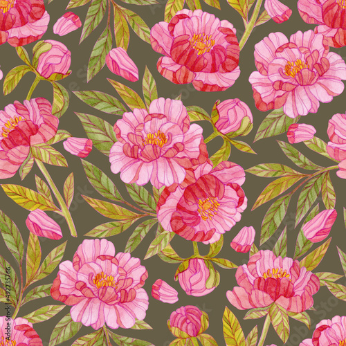Seamless watercolor floral pattern. Print with pink peony flowers, petals and green leaves on a green background.