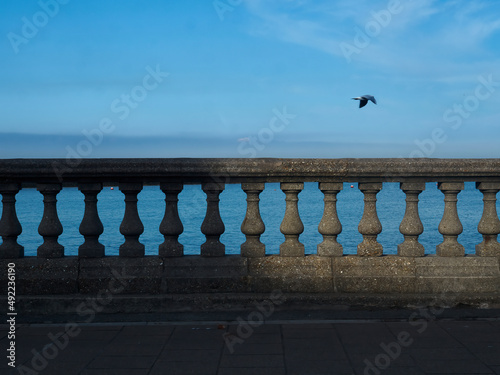 A gull hurtles across a coastal sky into a slanting spotlight of sunshine, over an ornamental balustrade on a sea wall esplanade in light-and-shade.
