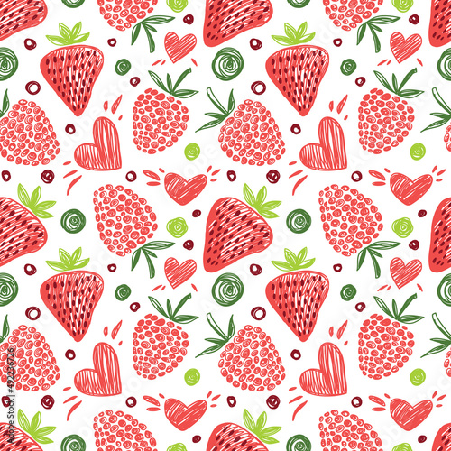 Seamless pattern with berries: raspberries, strawberries, currants and cranberries. © Elena Melnikova