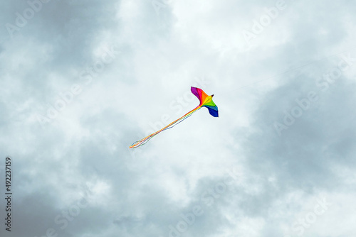 A beautiful and bright rainbow flag flies despite the gloomy impending storm.