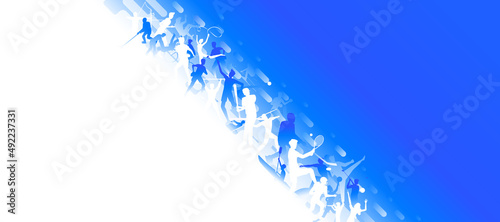 Sports background design with abstract modern template. Vector illustration of sport players in different activities. football, basketball, baseball, tennis, rugby, bicycling