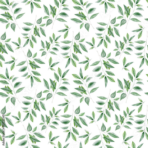 Watercolor seamless pattern with greenery on whitebackground 