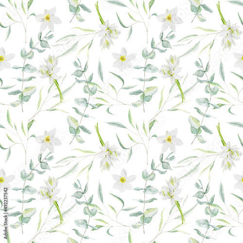 Watercolor seamless pattern with daffodil flowers and eucalypt on white background 