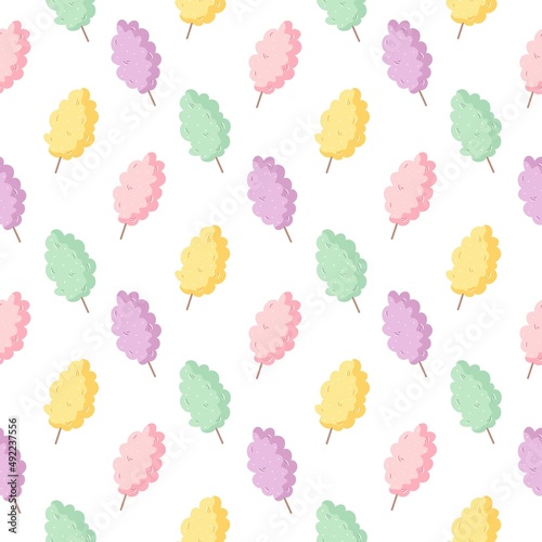 Cotton candy colorful seamless pattern. Fun vector illustration. Cute hand drawn background for kids room decor, nursery art, packaging, gift, wrapping paper, textile, fabric, wallpaper, apparel.