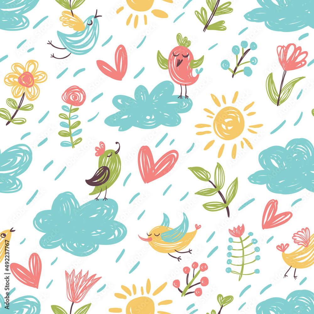 Seamless pattern with birds, clouds, hearts and flowers. Perfect for wallpaper, wrapping paper, seasonal greeting cards, summer invitations, fabric Seamless pattern with birds, clouds, hearts and flowers. Perfect for wallpaper, wrapping paper, seasonal greeting cards, summer invitations, fabric